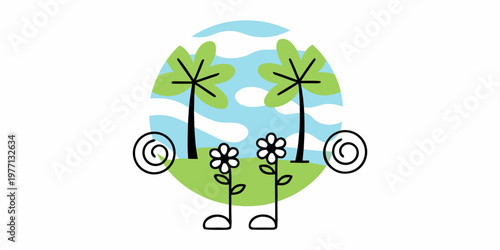 Stylized illustration of a tropical landscape with trees and flowers