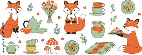 Cute fox tea time cartoon set with teapot cups pastries flowers and cozy autumn elements kawaii style isolated on white background