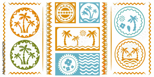 Colorful tropical themed postage stamps arranged in a grid pattern