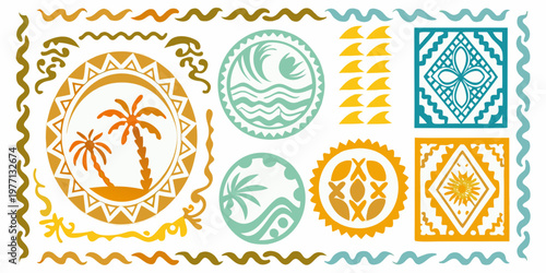 Colorful patterned stamps with tropical and geometric designs on white