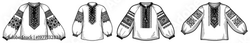 Collection of traditional Eastern European embroidered shirts with ethnic patterns in woodcut style