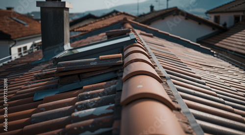 View of a residential tiled roof featuring a chimney and a skylight window under bright sunlight