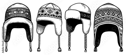 Set of traditional Andean chullo hats with earflaps in vintage hand drawn engraving style
