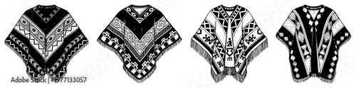 Collection of traditional South American ponchos with geometric patterns in woodcut engraving style
