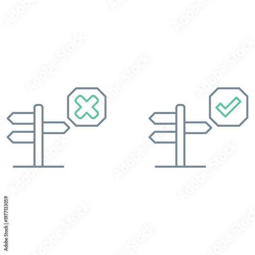 Decision Control Routing Icon, Workflow Direction Approval and Rejection System, Process Path Validation and Choice Management, Business Logic Decision Flow