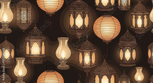 Seamless pattern of glowing oriental lanterns and vintage lamps