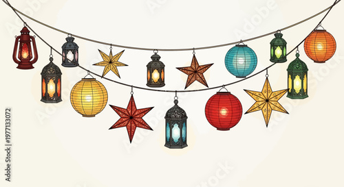 Colorful lanterns and star decorations strung on a wire