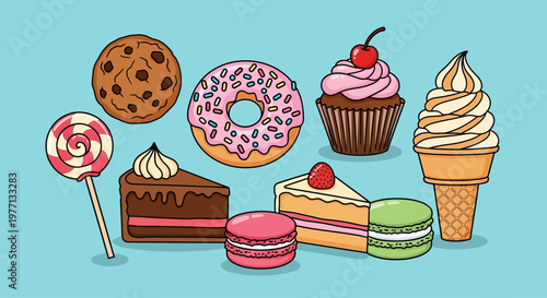 Collection of colorful cartoon dessert and sweet treat illustrations on a blue background