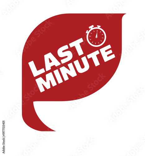 A red leaf shaped badge displaying last minute with a clock icon