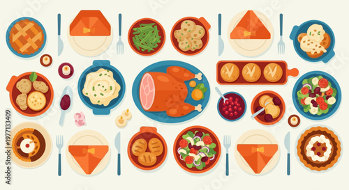 Overhead view of a traditional Thanksgiving dinner spread with turkey and various side dishes.