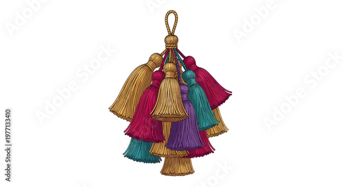 Colorful bunch of decorative hand drawn tassels isolated on white background