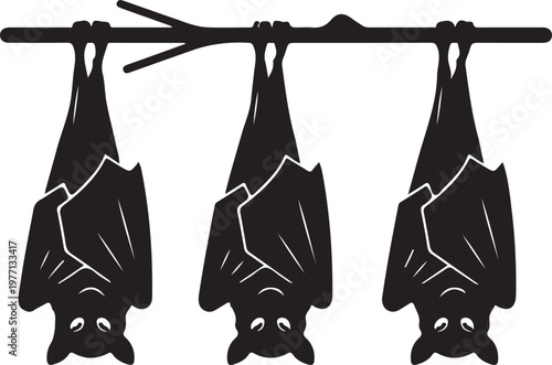 Three cute bats hanging upside down on a tree branch