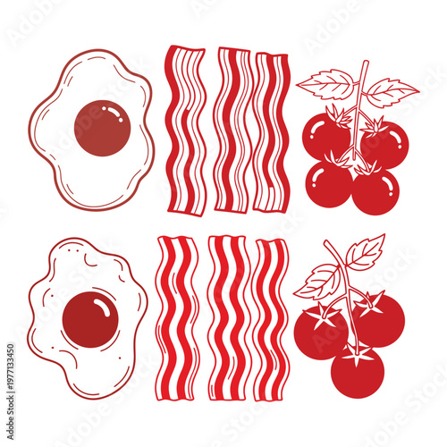 Breakfast sketch fried eggs crispy bacon and fresh cherry tomatoes illustration