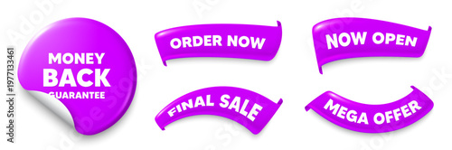 Money back guarantee purple sticker, Sale offer ribbons. Final sale, Order now. Money back guarantee tag. Promo offer sign. Advertising promotion symbol. Sticker badge. Flag ribbon banners. Vector