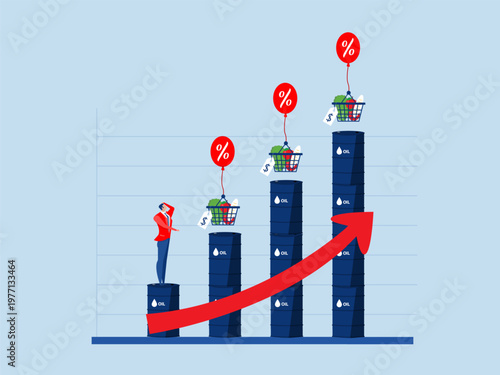 Fuel oil price rising due to supply shortage impact ,Food price inflation.impact on economic growth.consumer goods float in hot air balloons. vector illustration.