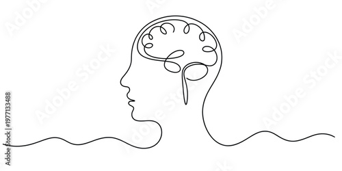 A single continuous line drawing of a human profile with a stylized brain inside the cranium area
