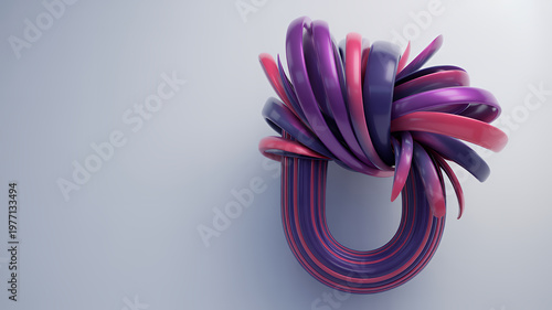 Abstract 3d sculpture with intertwined purple and pink curved ribbons on a white background