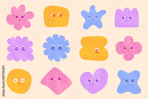 Playful pastel blob characters with expressive faces, soft textured geometric shapes, cute cartoon icons set for kids design, branding and sticker packs