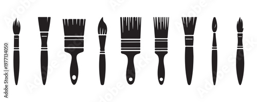 Set of various paint brushes silhouettes for artist work and home renovation isolated on white background art.