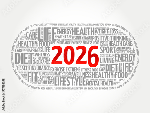 2026 health and wellness word cloud concept. Featuring terms like diet, lifestyle, fitness, and insurance. Ideal for healthcare planning, resolutions, and medical industry themes for the year.