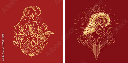 Golden illustrations of capricorn and aries zodiac signs set against a deep vibrant red background