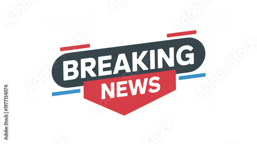 Breaking news text with red and dark grey shapes on a white background, for media broadcast