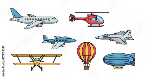 Collection of various aircraft and airships for transportation and travel.