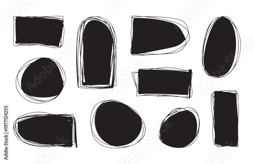 Hand drawn doodle frames and shapes in black and white for text or design elements in artistic style.