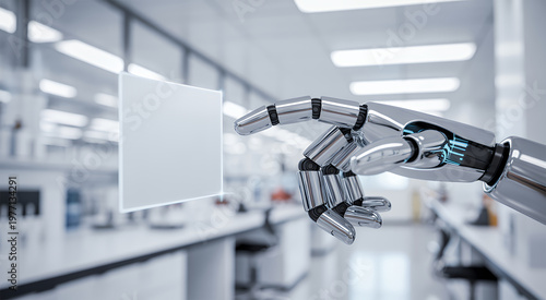 Chrome robotic hand interacting with a floating blank white screen in a sterile laboratory room
