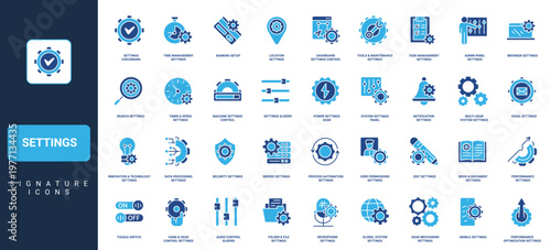 Settings of system, app and software, operation control panel and setup, modification glyph icon set. Productivity, automation process, gears of mechanism solid symbols vector illustration