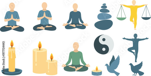 Yoga poses represent mindfulness and physical health alongside balancing stones and peaceful birds.