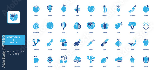 Vegetable and fruit, lettuce salad, organic potato and tomato, broccoli glyph icon set. Watermelon artichoke strawberry orange eggplant pineapple solid symbols vector illustration