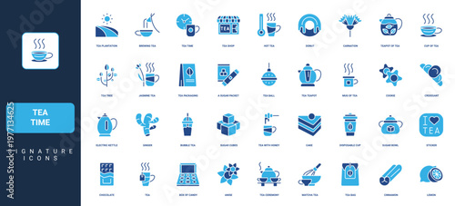 Tea time, hot drink cup and teapot, teabag for brewing, dessert and sugar for ceremony glyph icon set. Fresh leaf from farm plantation, lemon, ginger solid symbols vector illustration