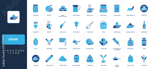 Sugar and sweetener in bag, bowl, spoon for coffee or tea glyph icon set. Crystal sugar cubes, hand with powder pile, sugarcane and sugarless product sign solid symbols vector illustration