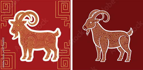 Stylized decorative goat illustrations featuring intricate patterns set against traditional deep red cultural background color themes