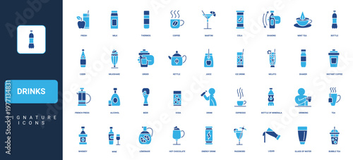 Drinks, bar and restaurant beverage menu, glass of alcohol, hot coffee and bubble tea glyph icon set. Drinking person, summer cocktail and soda water solid symbols vector illustration