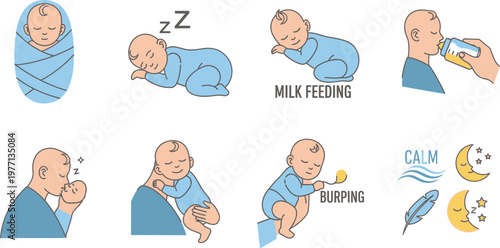 Baby care activities such as sleeping, feeding, and burping are illustrated in a collection of icons.
