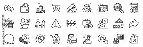 Money, Discount tags and Shopping bags line icons pack. Share, Message, Paper plane icons. Wallet, Innovation, Payment web icon. Accounting, Business person, Mortgage pictogram. Vector