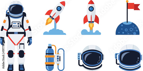 Astronaut and rocket icons represent space exploration missions and the wonders of modern aerospace travel.