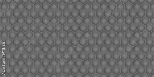 Dark grey abstract wide horizontal banner with hexagon carbon fiber grid and orange luminous lines. Technology vector background with orange neon lines