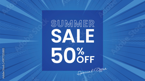 Final Sale Blue Sunburst Background Banner 50% Off, 青 放射線 セール バナー 背景