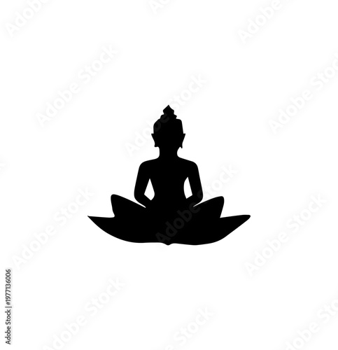 Silhouette of Lord Buddha in meditation posture on a lotus base isolated on white background.