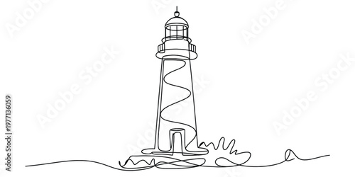 A continuous line drawing depicting a tall coastal lighthouse standing on a rocky ocean shoreline