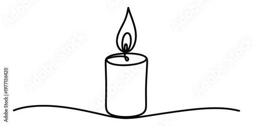 A single continuous line drawing of a burning wax candle with a flickering flame above the wick