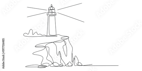 Continuous line drawing of a tall lighthouse standing on a rocky cliff edge with a shining light