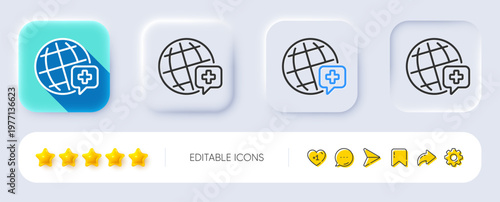 World medicine line icon. Neumorphic, Flat shadow, 3d buttons. Medical help sign. Pharmacy medication symbol. Line world medicine icon. Social media icons. Vector