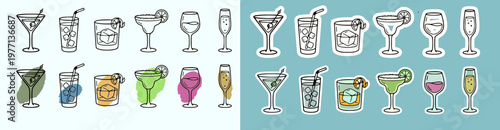 Hand Drawn Cocktail Icons Set, Minimal Line Art Drink Glass Collection, Martini Margarita Wine Champagne Vector Illustrations