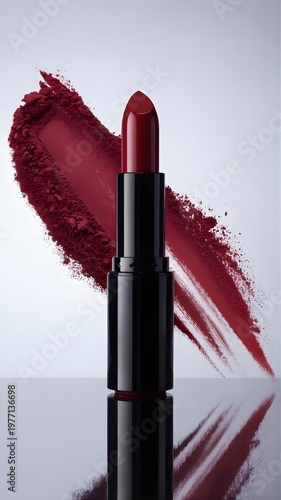 Luxury red lipstick with powder splash on a clean background, beauty makeup product concept.