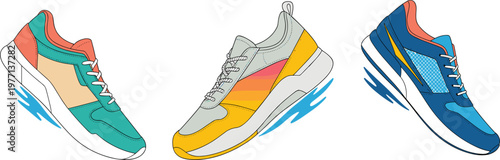 Modern Sneakers Vector Set Featuring Colorful Athletic Running Shoes For Sport Design