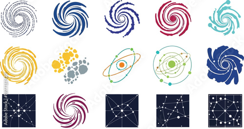 Spiral galaxy icons and planetary orbital diagrams represent various scientific concepts and cosmic structures in a set of minimalist vector graphics.
